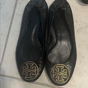 Tory Burch Black Flats with Gold Emblem